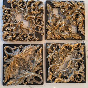 Ornate Baroque Gilded Wall Plaques – Gold Leaf Acanthus Scroll Decor 9” set of 4